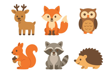 Forest Animals Grid. Flat vector mini-illustrations forest animals in colors children's illustrations: deer, fox, owl, squirrel,