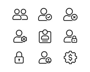 Obraz premium User profile icon set. Group, checkmark, cross, gear, ID card, padlock and dollar icons sign. Account access and control symbol. Privacy management pictogram. Interface settings illustration.