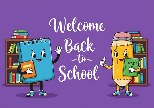 Friendly cartoon notebook and pencil characters welcome students back to school with books and bookshelves