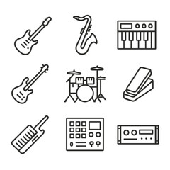 Obraz premium Fusion Instrument Icons. Outline icon set of fusion instruments: electric guitar, saxophone, synthesizer keyboard, fretless bass,