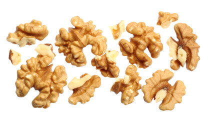 Fototapeta premium Floating Walnut Halves and Pieces isolated on white background 