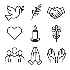 Obraz premium Peace Icon Collection. Outline icon set of peaceful protest: peace dove, olive branch, handshake, heart, candlelight vigil, flower