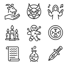 Demon Ritual Icons. Outline icon set of demon rituals: blood sacrifice, summoning, dark chanting, burning candles, hexing, cursed