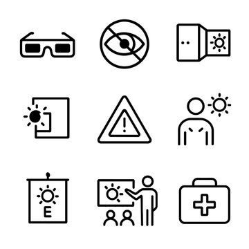 Eclipse Safety Icons. Outline icon set of eclipse safety: protective glasses, no direct viewing, pinhole camera, sun filter,