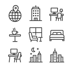 Global Workspace Icons. Outline icon set of participant locations and environments: globe with location pin, office building