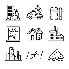 Fototapeta premium Post-Apocalyptic Ruin Icons. Outline icon set of post-apocalyptic ruin: destroyed building, burnt vehicle, broken fence, smashed
