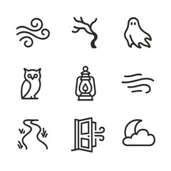 Fototapeta premium Eerie Night Icons. Outline icon set of eerie night breeze: mist swirl icon, twisted branch silhouette, drifting shadow shape,