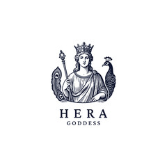 Vintage engraving of Hera, the majestic Greek goddess of marriage and queenship, crowned with regal symbols and intricate classical details