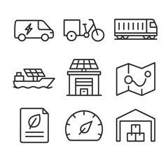 Green Logistics Icons. Outline icon set of green logistics and transportation: electric delivery van, cargo bicycle, rail freight