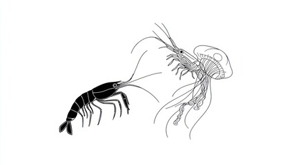 Simple black and white illustration of shrimp and jellyfish