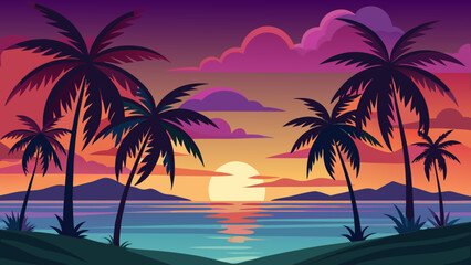 Fototapeta premium Vector art of vibrant sunset over the ocean with silhouetted palm trees and colorful clouds reflecting in the calm water, creating a tropical paradise
