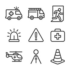 Emergency Navigation Icons. Outline icon set of emergency navigation: ambulance, fire truck, emergency exit, siren, warning sign,