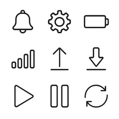 Digital Interface Icons Grid. Outline icon set of digital and interface signs: notification bell, settings gear, battery indicator