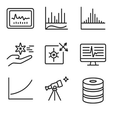Pulsar Research Icon Set. Outline icon set of pulsar research methods: timing analysis, periodogram, Fourier transform, pulse