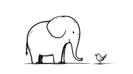 Fototapeta premium Simple black and white illustration of an elephant and a bird