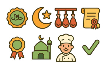Halal Certification Icons. Flat vector mini-illustrations Halal certification markings in colors children's illustrations: Halal