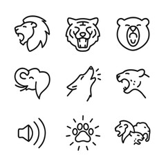 Obraz premium Animal Roar Icons. Outline icon set of roar in animals: lion, tiger, bear, elephant, wolf, cheetah, roar sound, animal call,