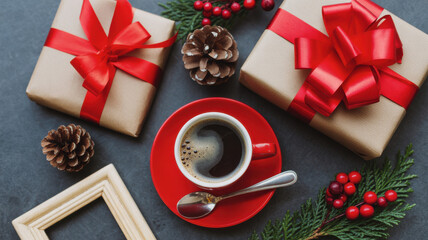 Cozy christmas morning scene with coffee gifts pinecones and festive decorations on a dark background