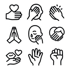 Fototapeta premium Emotional Hand Icon Set. Solid, filled icon set of emotional hand expressions: hand on heart, hand covering face, hands clapping,