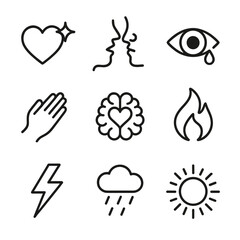 Obraz premium Emotional Intuition Icons. Outline icon set of emotional intuition: heart with spark, whispering mouth, eye with tear, hand on