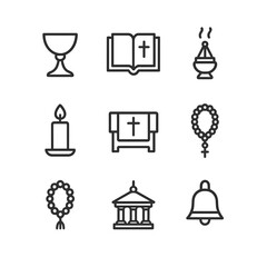 Religious Artifacts Icons. Outline icon set of religious artifacts: chalice, scripture book, incense, candle, altar, rosary beads,