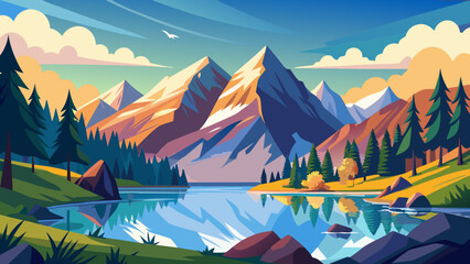 Vector art of vibrant illustration of majestic snowcapped mountains reflected in a clear blue lake surrounded by a lush green forest under a cloudy sky