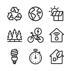 Energy Conservation Icons. Outline icon set of energy conservation: recycling, earth, solar shading, windbreak, electric bike,