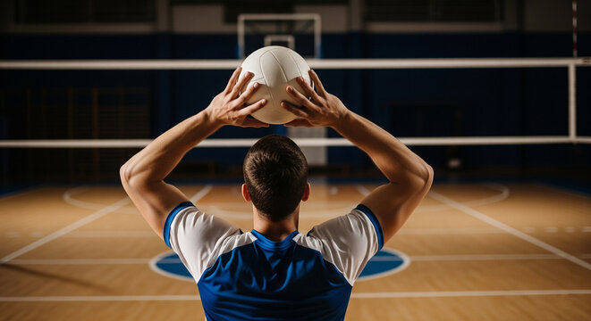 Back view of a volleyball player preparing to serve a white ball over the net on an indoor court, rady for the game - Powered by Adobe