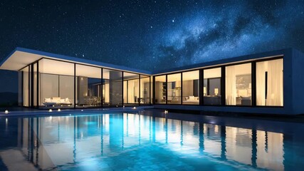 Glowing modern home with pool lights shimmering, cozy ambiance under starry night sky - Powered by Adobe