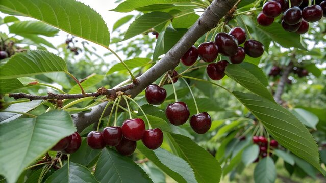 Sweet Cherries On Tree Branch Dark Ripe Red Cherries Growing on Cherry Tree Sweet Cherries On Tree Branch Dark Ripe Red Cherries Growing on Cherry Tree - Powered by Adobe