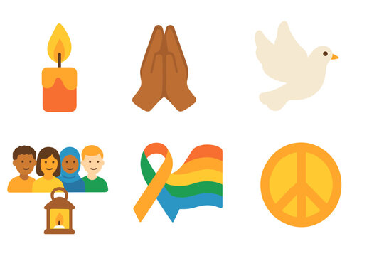 Interfaith Unity Icons. Flat vector mini-illustrations interfaith prayer vigils for equality in colors children's illustrations: