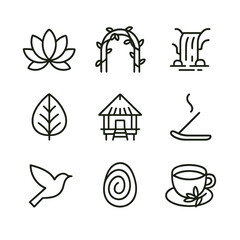 Jungle Yoga Icons. Outline icon set of jungle embedded yoga retreats: lotus flower, vine arch, waterfall, canopy leaf, bamboo hut,