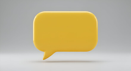 Yellow speech bubble graphic in neutral studio setting. Floating object with soft, rounded edges against a plain gray backdrop.