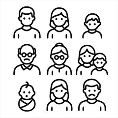 Family Icon Set. Outline icon set of family members: father, mother, child, grandfather, grandmother, sibling, baby, aunt, uncle.