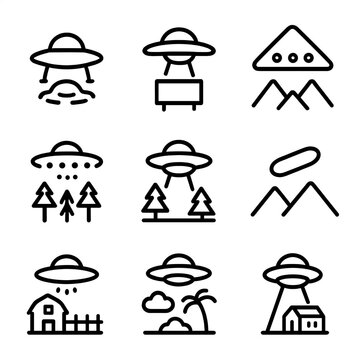 Famous UFO Locations Icons. Outline icon set of famous UFO locations: Roswell site, Area 51, Phoenix lights, Rendlesham forest,