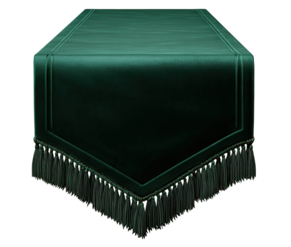 Deep teal runner with fringe.  A decorative table runner, emerald green velvet, with fringed edges