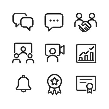 Learner Engagement Icons. Outline icon set of learner engagement features: forum discussion, chat message, peer review handshake,