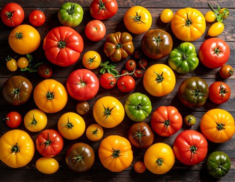 Assorted tomatoes on a wooden surface