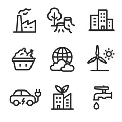 Earth Impact Icons. Outline icon set of earth human impact: factory, deforestation, city skyline, landfill, smog, renewable energy