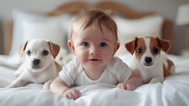 A closeup of a baby and two puppies on a bed. The baby is positioned centrally, with the two puppies positioned to the left and right of the baby.