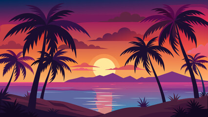 Vector art of vibrant sunset over the ocean with silhouetted palm trees on a tropical beach, casting colorful reflections on the calm water