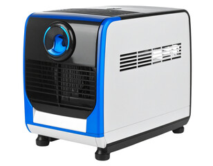 Fototapeta premium Compact Desktop Air Purifier with Blue Glow Ring and Visible Air Vents, Angled Side View, Isolated on White