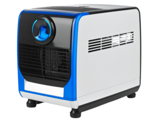  Compact Desktop Air Purifier with Blue Glow Ring and Visible Air Vents, Angled Side View, Isolated on White