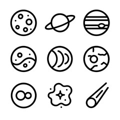 Obraz premium Astronomy Icon Grid. Outline icon set of telescope targets: full moon, Saturn rings, Jupiter bands, Mars surface, Venus phases,