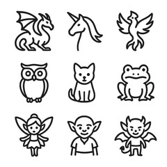Obraz premium Magical Creatures Icons. Outline icon set of magical creatures and familiars: dragon, unicorn, phoenix, owl familiar, cat familiar