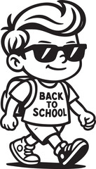 School's cool kid: A bold black and white line illustration portrays a cheerful child with a backpack, walking towards school, radiating confidence and enthusiasm for the start of the academic year.