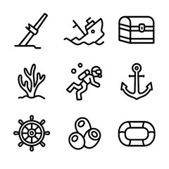 Fototapeta premium Shipwreck Icon Set. Outline icon set of shipwreck: broken mast, sunken ship, treasure chest, underwater coral, diver, anchor, ship