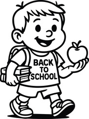 Back to School Kid: A cheerful, cartoon illustration of a student walking back to school, symbolizing education and learning with an apple in hand, carrying books.