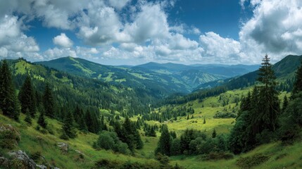 Fototapeta premium Panoramic view of verdant valley & forested mountains under a dynamic, cloud-filled sky