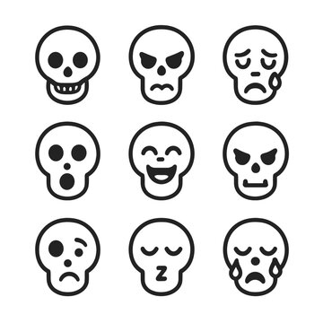 Skull Expression Icons. Outline icon set of skull expressions: smiling skull, angry skull, crying skull, surprised skull, laughing